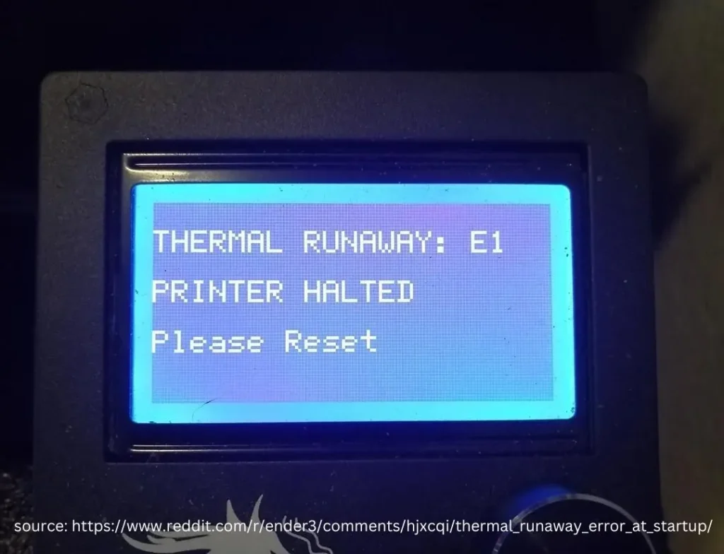 This picture shows the thermal runaway e1 error on Ender 3